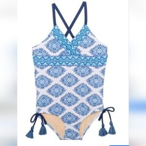 CABANA LIFE Girls Blue Batik Print One Piece Swimsuit UPF 50+  Size 7/8 approx